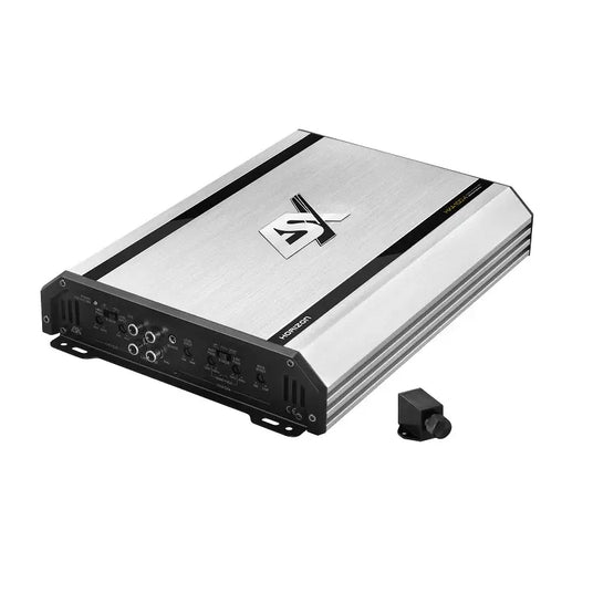 ESX Horizon Endstufe in gebürstetem Aluminium mit umfangreicher Anschlussleiste und externem Bassregler