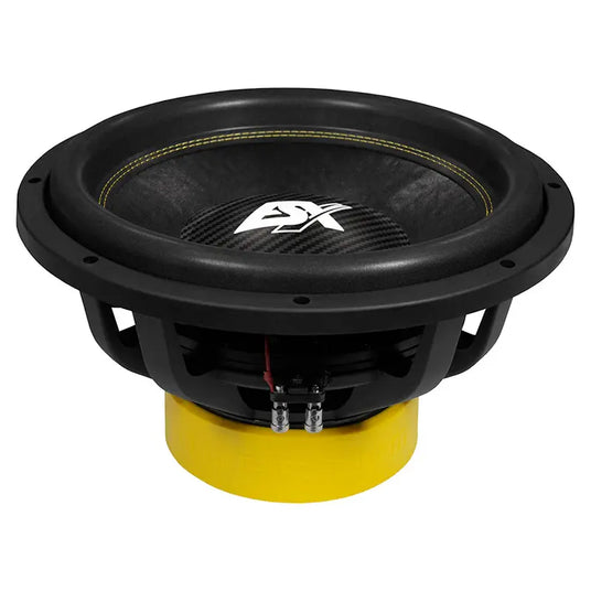 ESX QXE15D2 Subwoofer mit Carbon-Membran, gelbem Motorkorb und gelber Ziernaht auf der Sicke