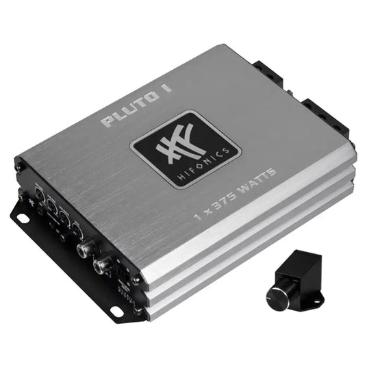 Hifonics Pluto I Mono-Endstufe in Silber mit 375 Watt, RCA-Eingängen und externem Bassregler