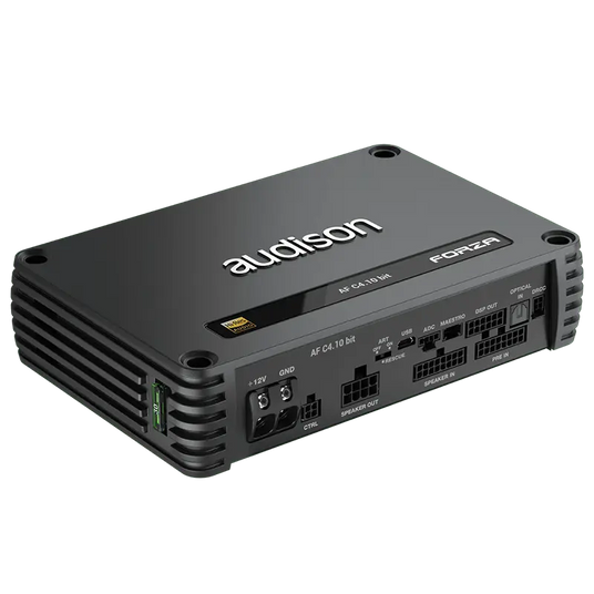 Audison Forza AF C4.10 bit 4-Kanal DSP-Verstärker in Schwarz mit USB-, Optical- und Speaker-Anschlüssen