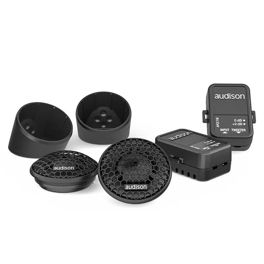 Audison APCX Tweeter Set mit zwei Hochtönern, Montageschalen und Frequenzweichen in Schwarz