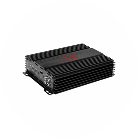 Bass Habit Rebel RA2000W Endstufe mit Kühlrippen-Gehäuse, Ansicht von schräg vorne