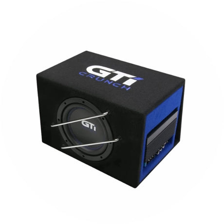 GTI Crunch aktives Subwoofer-Gehäuse mit eingebauter Endstufe, blaue Verkleidung