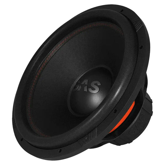 GAS Audio MAX S1 18D1 Subwoofer in Schwarz mit orangefarbenen Akzenten und roter Ziernaht auf der Sicke