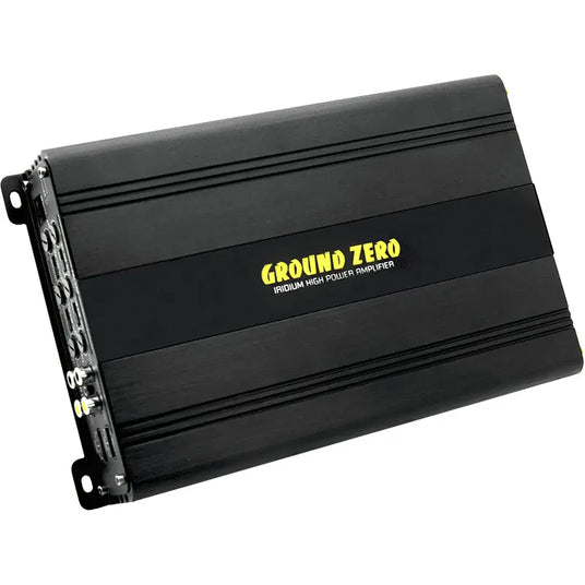 Ground Zero Iridium GZIA 135 Car-Audio-Endstufe in Schwarz mit gelbem Schriftzug und seitlichen Reglern