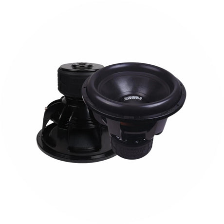 Sundown Audio Subwoofer, zwei Chassis von vorne und hinten gezeigt