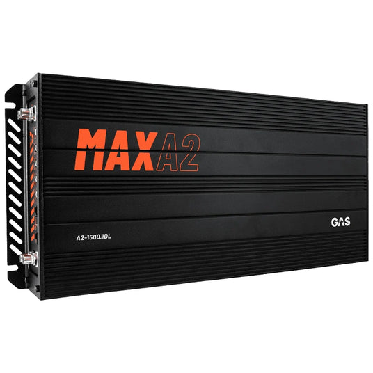 GAS MAX A2-1500.1DL Verstärker in schwarzem Aluminiumgehäuse, seitliche Ansicht
